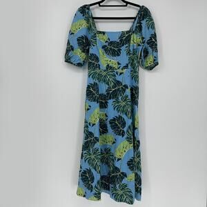 Draper James Dress Womens 4 Blue Green Leaf Linen Puff Sleeve Midi Fit Flare
